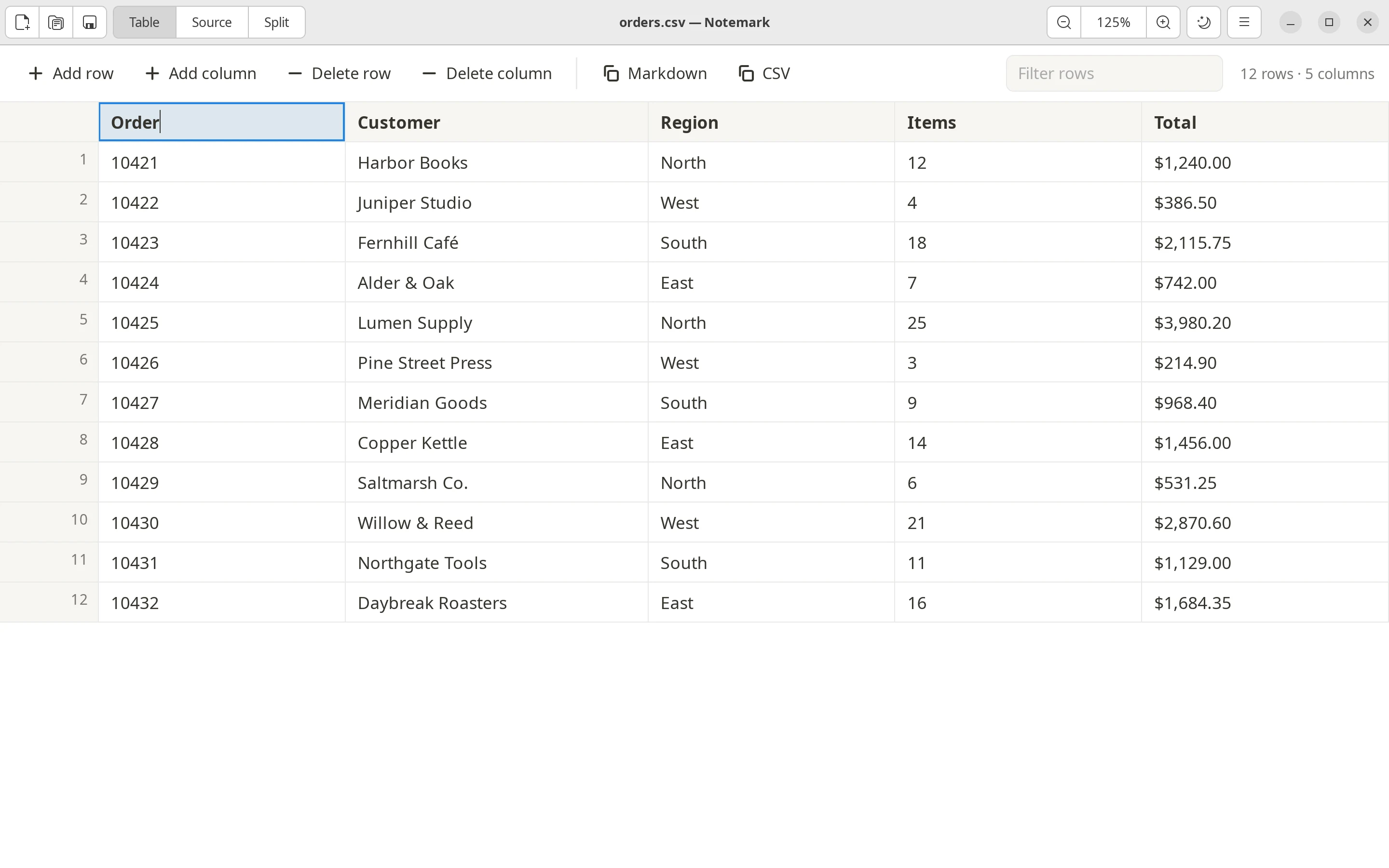 Notemark showing a CSV file as an editable table, light theme.