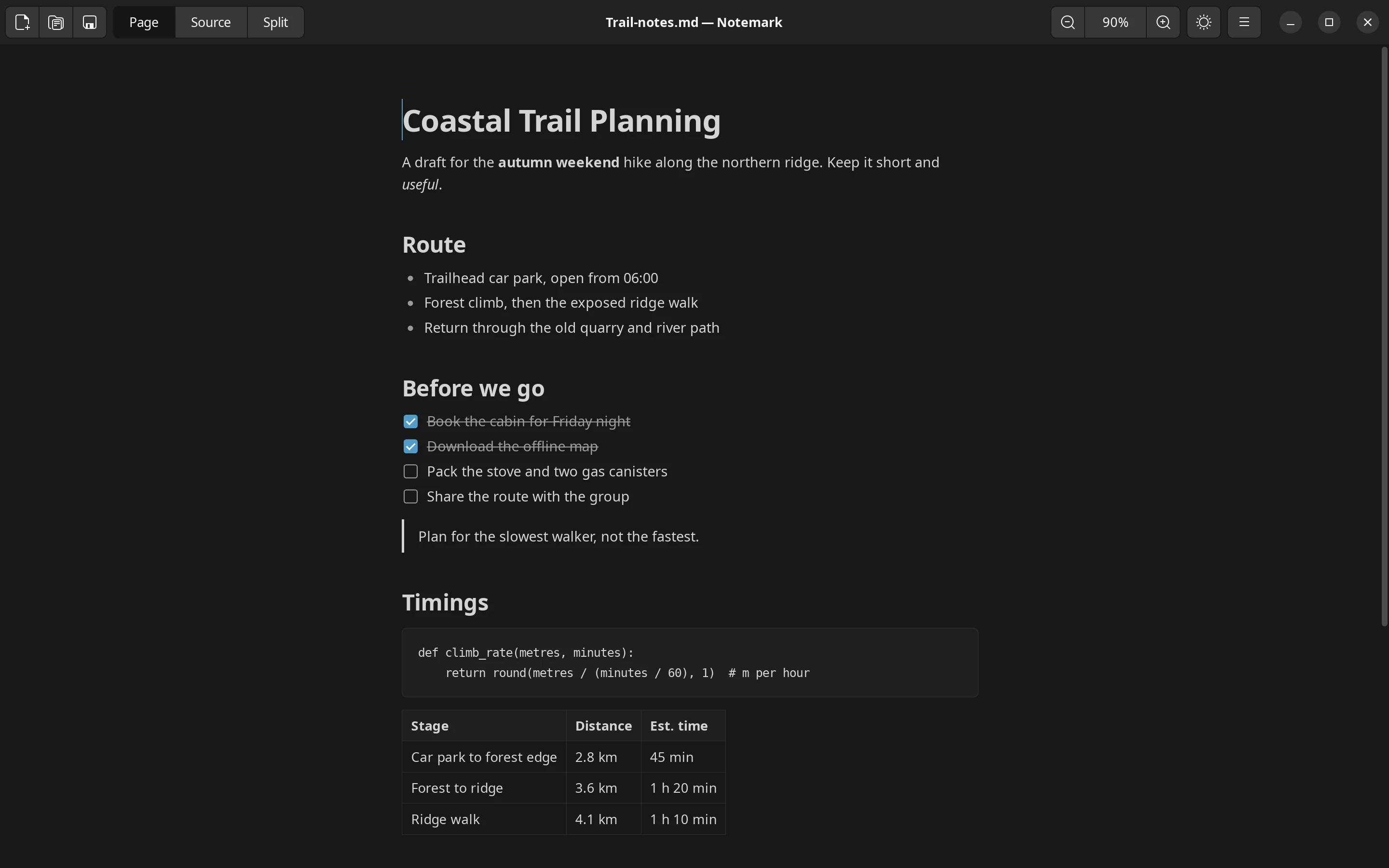 Notemark in page mode, dark theme: a formatted note with headings and lists.