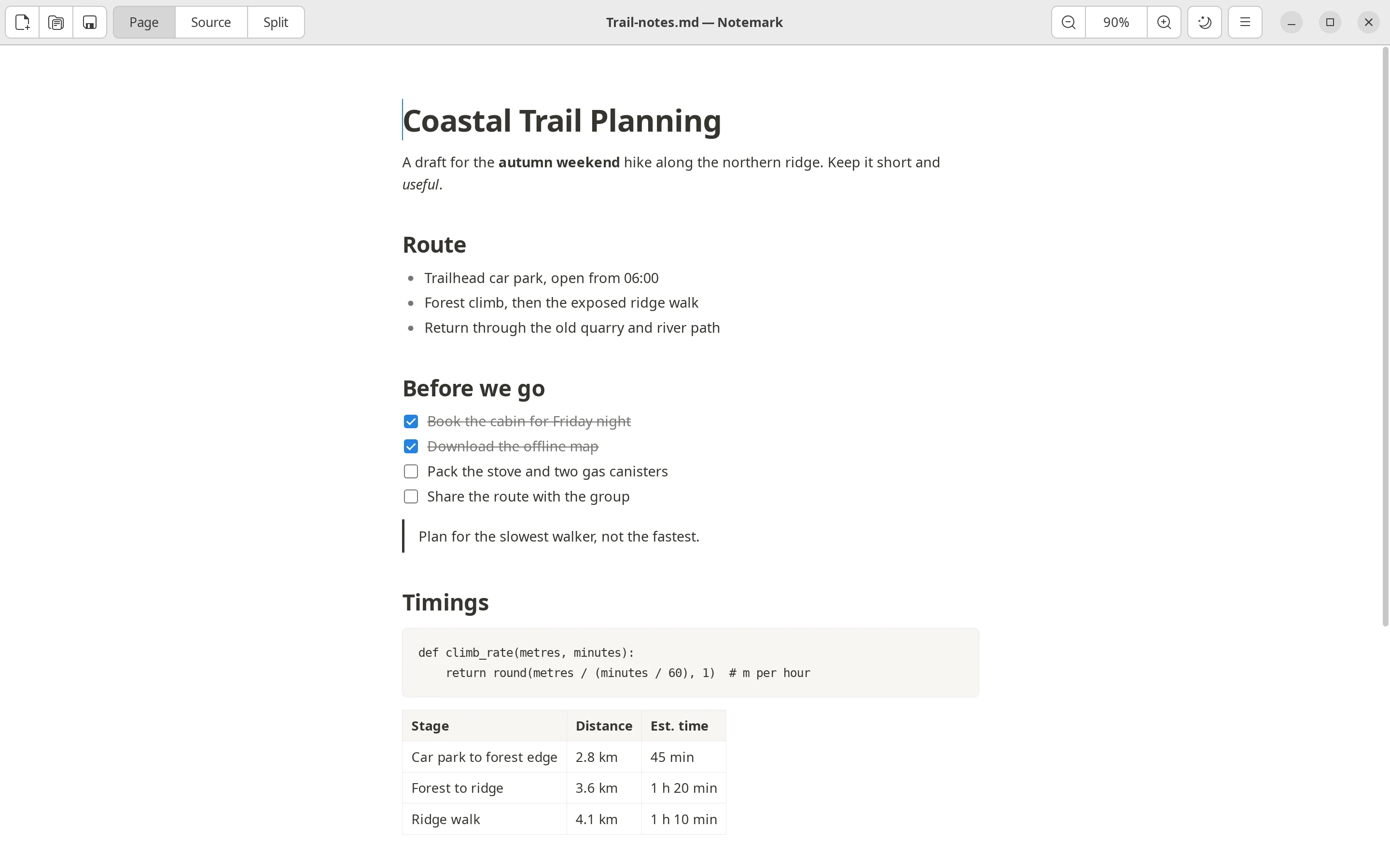 Notemark in page mode, light theme: a formatted note with headings and lists.
