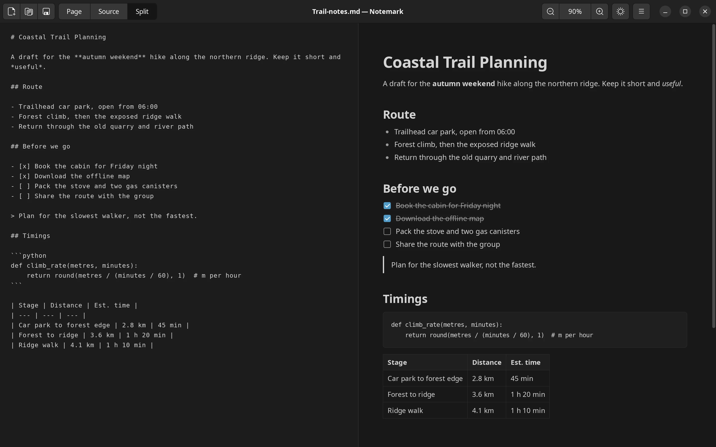 Notemark in split mode, dark theme: Markdown source beside the formatted page.
