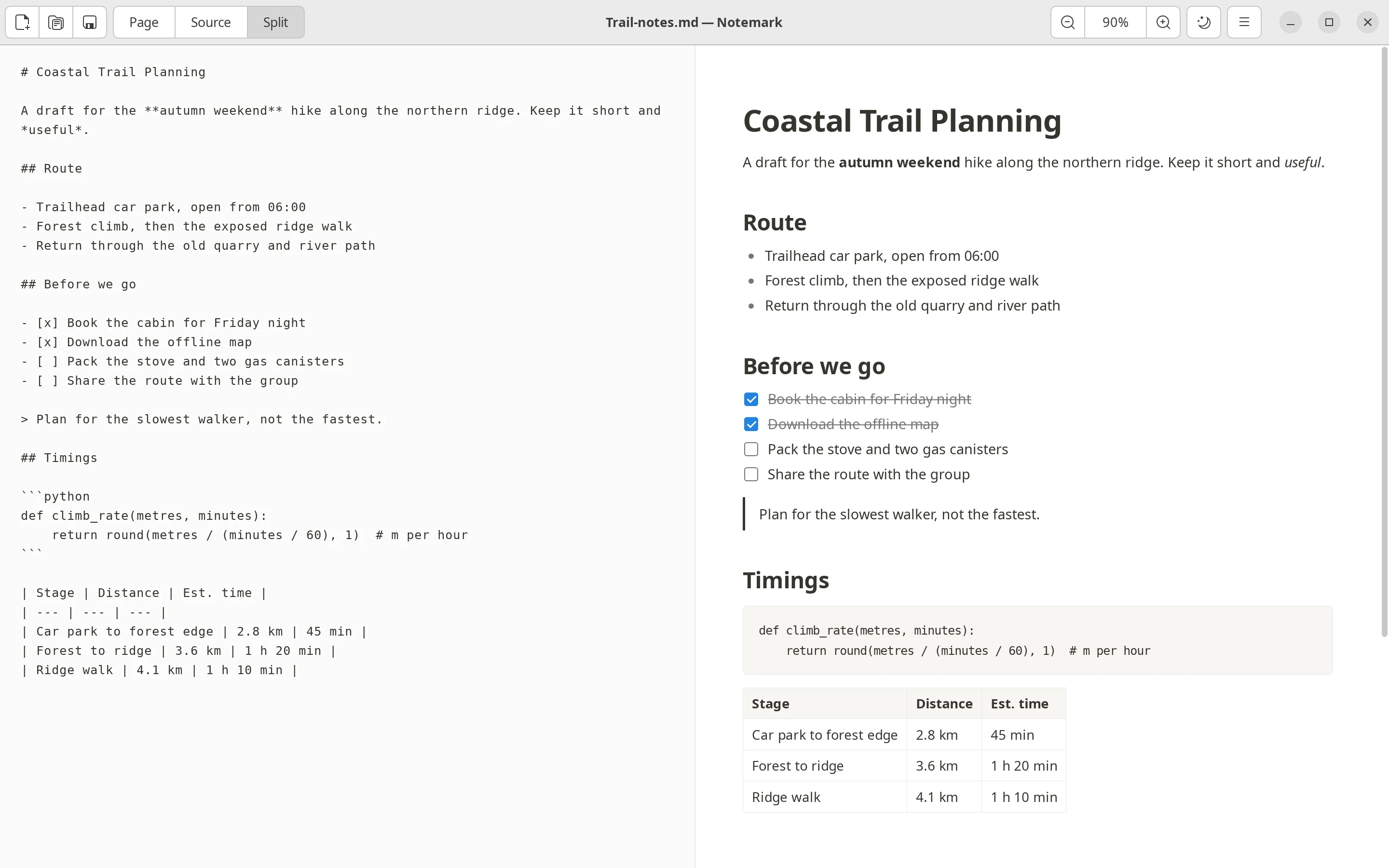 Notemark in split mode, light theme: Markdown source beside the formatted page.